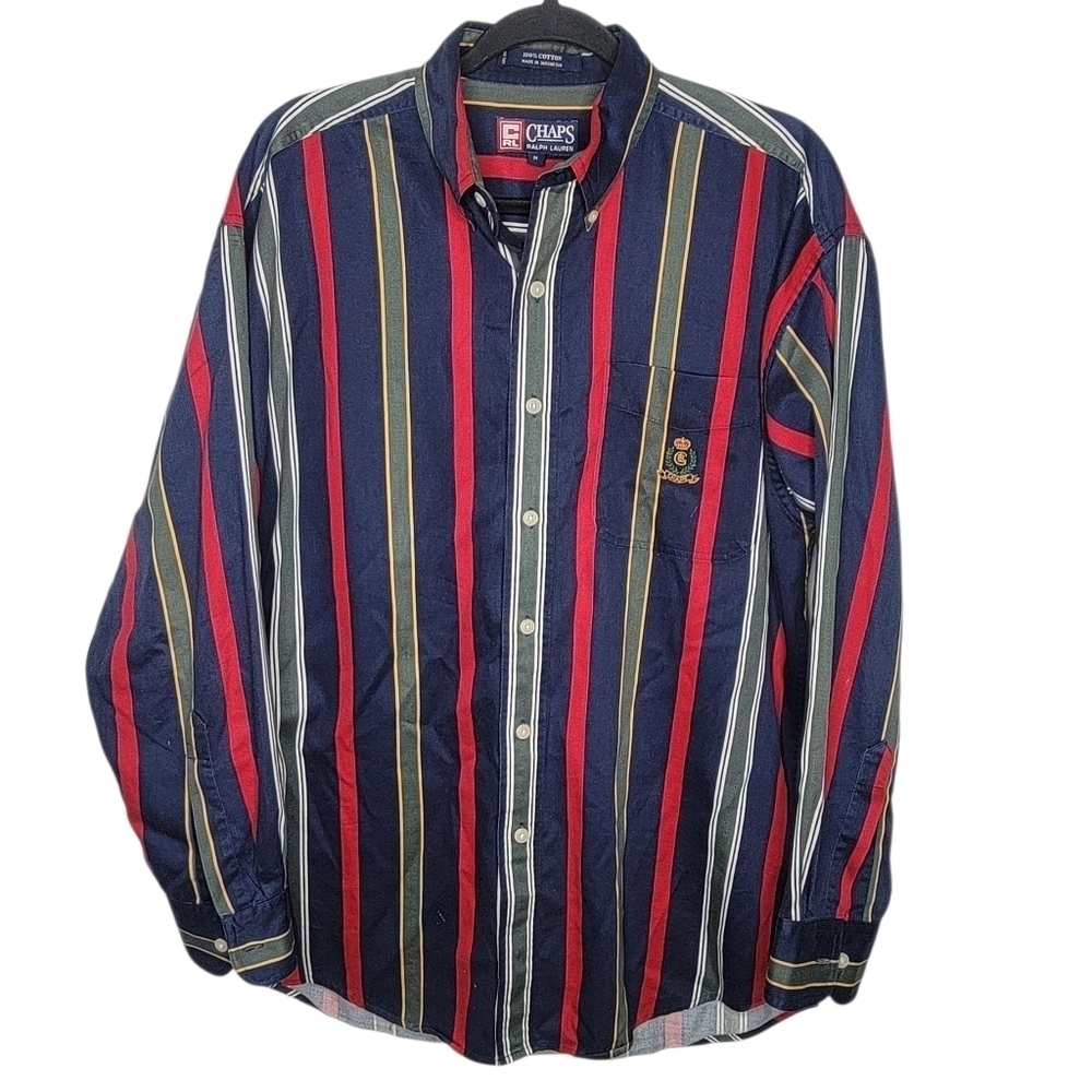 Vintage 90s Chaps Ralph Lauren Striped Crest Button Up Shirt Size M Multicolor